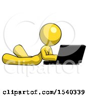 Poster, Art Print Of Yellow Design Mascot Woman Using Laptop Computer While Lying On Floor Side Angled View