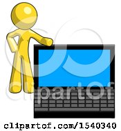 Poster, Art Print Of Yellow Design Mascot Man Beside Large Laptop Computer Leaning Against It