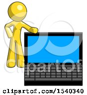 Yellow Design Mascot Man Beside Large Laptop Computer Leaning Against It