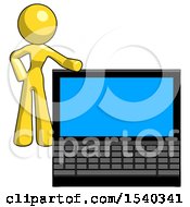 Poster, Art Print Of Yellow Design Mascot Woman Beside Large Laptop Computer Leaning Against It