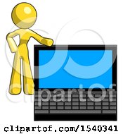 Yellow Design Mascot Woman Beside Large Laptop Computer Leaning Against It