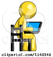 Poster, Art Print Of Yellow Design Mascot Woman Using Laptop Computer While Sitting In Chair View From Back