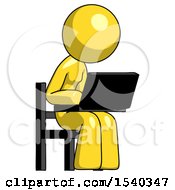 Poster, Art Print Of Yellow Design Mascot Woman Using Laptop Computer While Sitting In Chair Angled Right