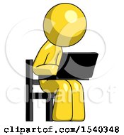 Poster, Art Print Of Yellow Design Mascot Man Using Laptop Computer While Sitting In Chair Angled Right