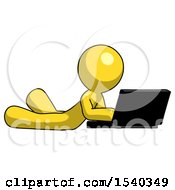 Poster, Art Print Of Yellow Design Mascot Man Using Laptop Computer While Lying On Floor Side Angled View