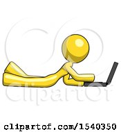 Poster, Art Print Of Yellow Design Mascot Woman Using Laptop Computer While Lying On Floor Side View