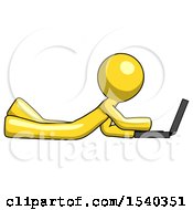 Poster, Art Print Of Yellow Design Mascot Man Using Laptop Computer While Lying On Floor Side View