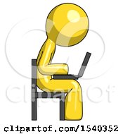 Poster, Art Print Of Yellow Design Mascot Man Using Laptop Computer While Sitting In Chair View From Side