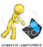 Yellow Design Mascot Woman Throwing Laptop Computer In Frustration