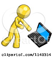 Yellow Design Mascot Man Throwing Laptop Computer In Frustration