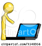 Poster, Art Print Of Yellow Design Mascot Man Using Large Laptop Computer Side Orthographic View