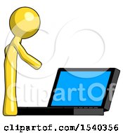 Yellow Design Mascot Man Using Large Laptop Computer Side Orthographic View
