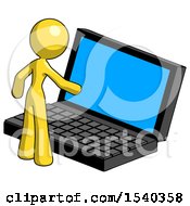 Poster, Art Print Of Yellow Design Mascot Woman Using Large Laptop Computer