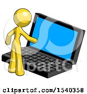 Yellow Design Mascot Woman Using Large Laptop Computer