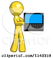 Yellow Design Mascot Man Holding Laptop Computer Presenting Something On Screen