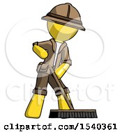 Yellow Explorer Ranger Man Cleaning Services Janitor Sweeping Floor With Push Broom