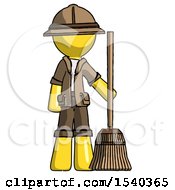 Yellow Explorer Ranger Man Standing With Broom Cleaning Services