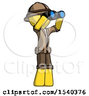 Poster, Art Print Of Yellow Explorer Ranger Man Looking Through Binoculars To The Right