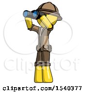Poster, Art Print Of Yellow Explorer Ranger Man Looking Through Binoculars To The Left