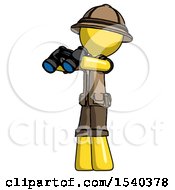 Yellow Explorer Ranger Man Holding Binoculars Ready To Look Left