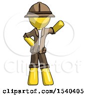 Poster, Art Print Of Yellow Explorer Ranger Man Waving Left Arm With Hand On Hip
