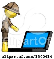 Poster, Art Print Of Yellow Explorer Ranger Man Using Large Laptop Computer Side Orthographic View