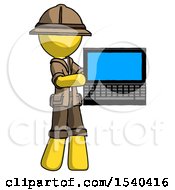 Yellow Explorer Ranger Man Holding Laptop Computer Presenting Something On Screen