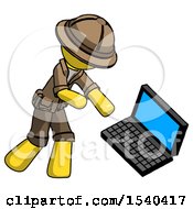 Poster, Art Print Of Yellow Explorer Ranger Man Throwing Laptop Computer In Frustration