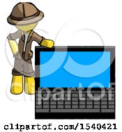 Poster, Art Print Of Yellow Explorer Ranger Man Beside Large Laptop Computer Leaning Against It