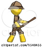 Poster, Art Print Of Yellow Explorer Ranger Man Holding Bo Staff In Sideways Defense Pose