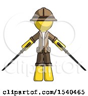 Yellow Explorer Ranger Man Posing With Two Ninja Sword Katanas