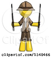 Yellow Explorer Ranger Man Posing With Two Ninja Sword Katanas Up
