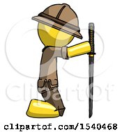 Poster, Art Print Of Yellow Explorer Ranger Man Kneeling With Ninja Sword Katana Showing Respect