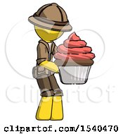 Poster, Art Print Of Yellow Explorer Ranger Man Holding Large Cupcake Ready To Eat Or Serve