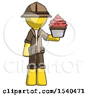 Poster, Art Print Of Yellow Explorer Ranger Man Presenting Pink Cupcake To Viewer