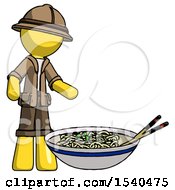 Poster, Art Print Of Yellow Explorer Ranger Man And Noodle Bowl Giant Soup Restaraunt Concept