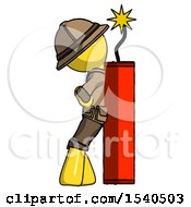 Poster, Art Print Of Yellow Explorer Ranger Man Leaning Against Dynimate Large Stick Ready To Blow