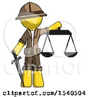 Poster, Art Print Of Yellow Explorer Ranger Man Justice Concept With Scales And Sword Justicia Derived