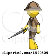 Poster, Art Print Of Yellow Explorer Ranger Man With Sword Walking Confidently