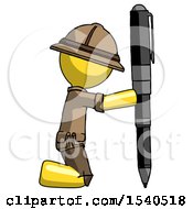 Yellow Explorer Ranger Man Posing With Giant Pen In Powerful Yet Awkward Manner