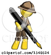 Poster, Art Print Of Yellow Explorer Ranger Man Drawing Or Writing With Large Calligraphy Pen