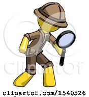 Poster, Art Print Of Yellow Explorer Ranger Man Inspecting With Large Magnifying Glass Right