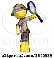 Poster, Art Print Of Yellow Explorer Ranger Man Inspecting With Large Magnifying Glass Facing Up