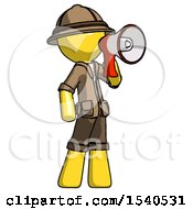 Poster, Art Print Of Yellow Explorer Ranger Man Shouting Into Megaphone Bullhorn Facing Right