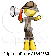 Poster, Art Print Of Yellow Explorer Ranger Man Shouting Into Megaphone Bullhorn Facing Left