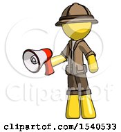Poster, Art Print Of Yellow Explorer Ranger Man Holding Megaphone Bullhorn Facing Right