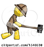 Poster, Art Print Of Yellow Explorer Ranger Man Hitting With Sledgehammer Or Smashing Something