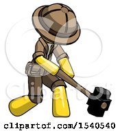 Poster, Art Print Of Yellow Explorer Ranger Man Hitting With Sledgehammer Or Smashing Something At Angle