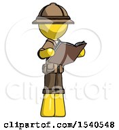 Poster, Art Print Of Yellow Explorer Ranger Man Reading Book While Standing Up Facing Away