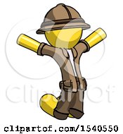 Poster, Art Print Of Yellow Explorer Ranger Man Jumping Or Kneeling With Gladness